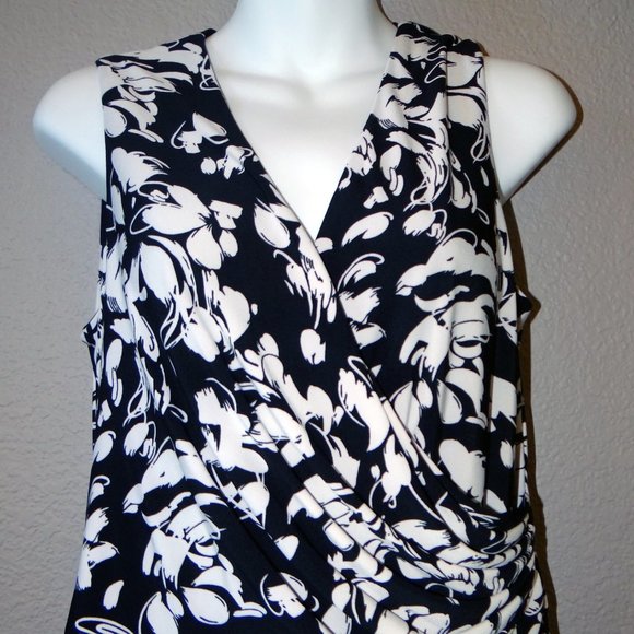 JONES NEW YORK Black & White Floral Print Sleeveless Dress V Neck Size 12 - Picture 2 of 5